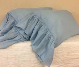 Pair Of Blue Linen Pillowcases With Country Mermaid Long Ruffle, French Shabby Chic, Available in Standard, Queen Or King Size