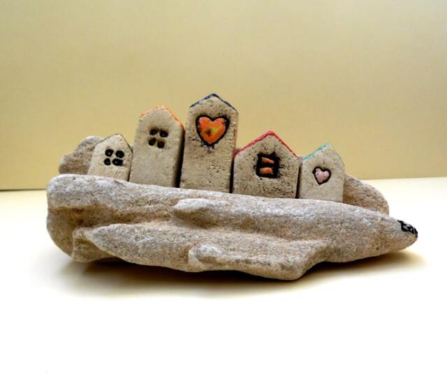 Ceramic Miniature House Sculpture, Rustic Nautical Decor, Beach Stone Art - image 1