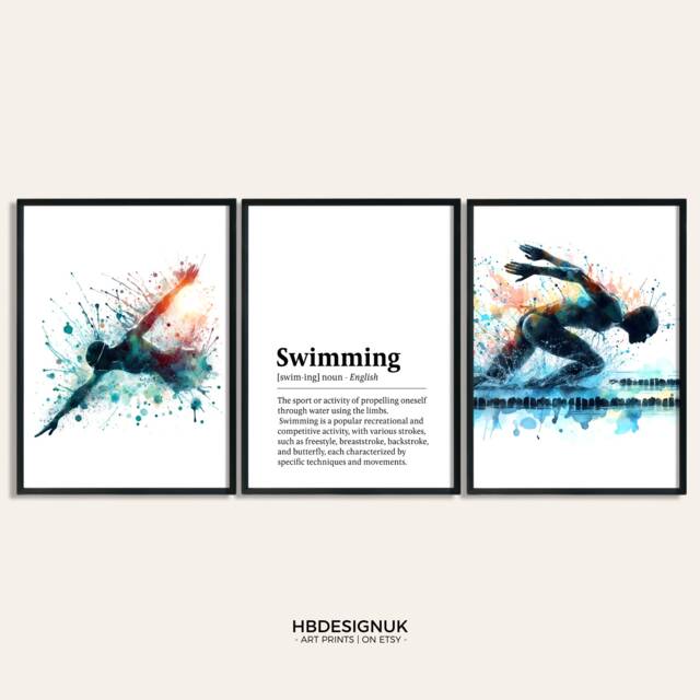 Swimming Wall Art - Set Of 3 Posters - Swimmer Print Watercolour Swim Gifts Definition Prints Bedroom Decor - image 1