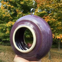 Handmade Purple Ceramic Bird Feeder Modern Hanging Garden Decor - thumbnail 2