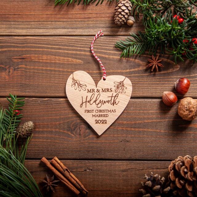 Personalised First Christmas Married Ornament Engraved Newlywed Couple Gift Heart Shape - image 1
