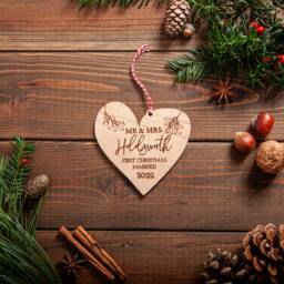 Personalised First Christmas Married Ornament Engraved Newlywed Couple Gift Heart Shape - thumbnail 1