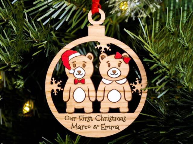 Personalised Couples Bear Our First Christmas Ornament Engraved Oak Bauble - image 1