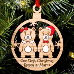 Personalised Couples Bear Our First Christmas Ornament Engraved Oak Bauble - thumbnail 2