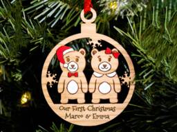 Personalised Couples Bear Our First Christmas Ornament Engraved Oak Bauble
