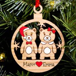Personalised Couples Bear Our First Christmas Ornament Engraved Oak Bauble - thumbnail 3