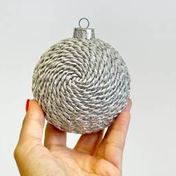 Handmade Silver Yarn Christmas Ball Ornament - 3.2 Inch - thumbnail 3