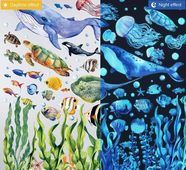 100 Glow in The Dark Wall Stickers Ocean Creatures Luminus By Nite, Beautiful Day.tropical Fish, Whales, Turtle, Plants, Jellyfish Kids Decor - image 1