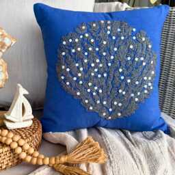 "Royal Blue Beaded Mother Of Pearl Sea Creature Throw Pillow Cover, 16""x16" - thumbnail 1