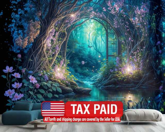Fantasy Fairytale Magical Forest Purple Cyan Wallpaper Mural, Peel & Stick Decal - image 1