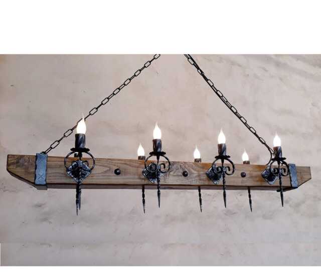 Rustic Wooden Beam Wrought Iron Chandelier - Medieval Antique Style Lighting - image 1