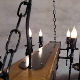 Rustic Wooden Beam Wrought Iron Chandelier - Medieval Antique Style Lighting - thumbnail 2