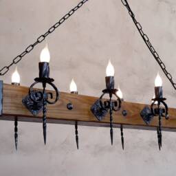 Rustic Wooden Beam Wrought Iron Chandelier - Medieval Antique Style Lighting - thumbnail 3