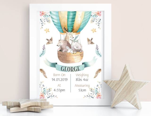 Animal Hot Air Balloon Nursery Print -Nursery Print-Nursery Art-Birth Announcement-Personalised Birth Stats-Newborn Baby-Birth Details - image 1