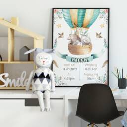 Animal Hot Air Balloon Nursery Print -Nursery Print-Nursery Art-Birth Announcement-Personalised Birth Stats-Newborn Baby-Birth Details - thumbnail 2