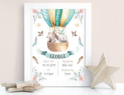 Animal Hot Air Balloon Nursery Print -Nursery Print-Nursery Art-Birth Announcement-Personalised Birth Stats-Newborn Baby-Birth Details - thumbnail 1