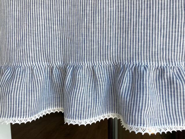 Ruffled Linen Kitchen Cafe Curtain Panel With Lace White & Blue Striped Or Undyed - image 1