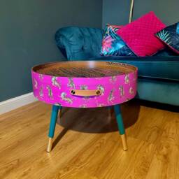 Round Pink Tiger Coffee Table , Emerald & Gold Design, Magenta Lift Off Top, Large Lounge Ideal For Living Room