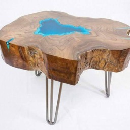 Round Live Edge Coffee Table With Glowing Resin Fillin & Hairpin Legs - thumbnail 4