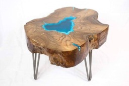 Round Live Edge Coffee Table With Glowing Resin Fillin & Hairpin Legs - thumbnail 1