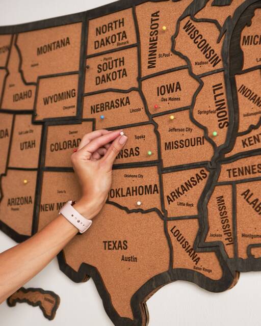 Push Pin Usa Map, Wooden Wall Apartment Decor, Wood Map Of United States 5Th Anniversary Gift Travel Art Cork Board - image 1