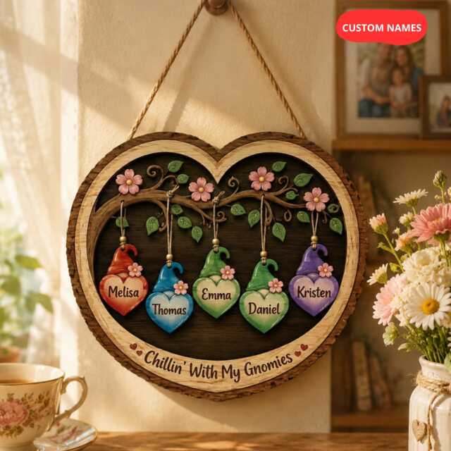 Personalized Gnome Family Sign Custom Names Heart Shaped Wooden Wall Decor Handcrafted Gift Chillin With My Gnomies Housewarming - image 1