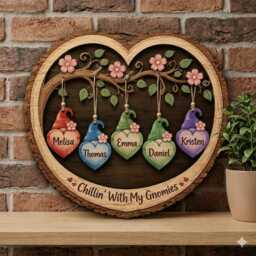 Personalized Gnome Family Sign Custom Names Heart Shaped Wooden Wall Decor Handcrafted Gift Chillin With My Gnomies Housewarming - thumbnail 2