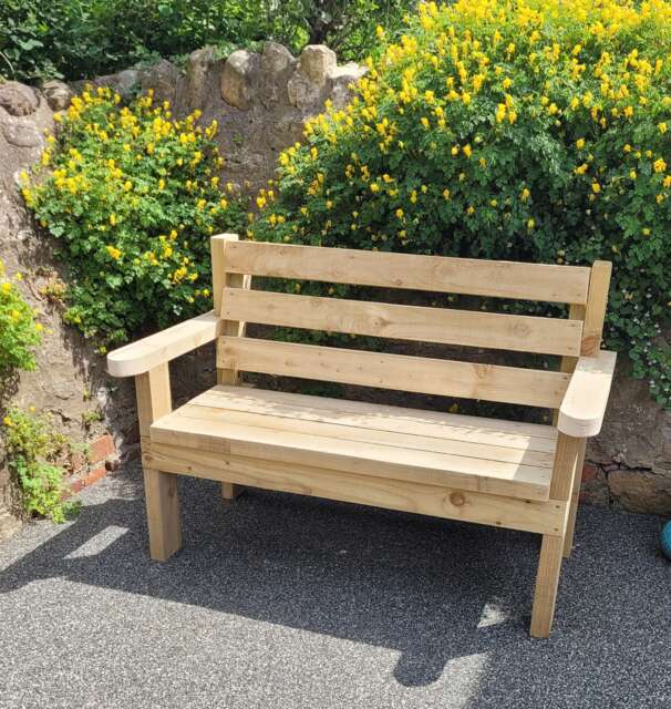 Rustic Wooden Garden Bench 2 -3 Seater Large Rounded Arms Handcrafted Strong - image 1
