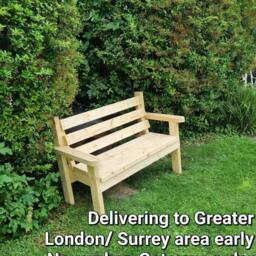 Rustic Wooden Garden Bench 2 -3 Seater Large Rounded Arms Handcrafted Strong - thumbnail 2