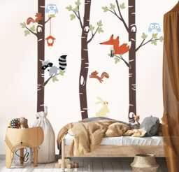 Woodland Nursery Wall Decal, Birch Trees & Forest Animals - thumbnail 1