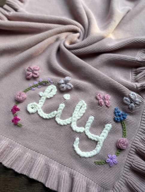 Personalised Baby Blanket, Hand Embroidered Name Baby Gift, Cotton Newborn Shower - image 1
