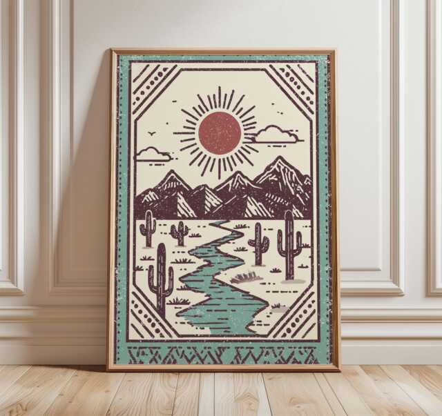 Desert Landscape Print, Retro Western Wall Art, Vintage Mountain Poster, Mid Century Boho Decor, Sunset Cactus Art - image 1