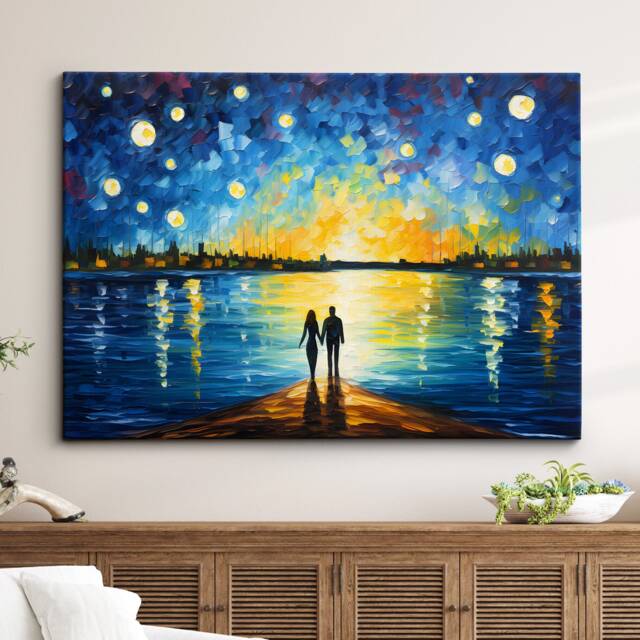 Romance Couple Walking Starry Night Van Gogh Oil Painting Wall Art Framed Canvas Poster Print Home Kitchen Office Room Decor Gift For Love - image 1