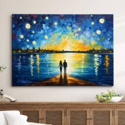 Romance Couple Walking Starry Night Van Gogh Oil Painting Wall Art Framed Canvas Poster Print Home Kitchen Office Room Decor Gift For Love - thumbnail 1