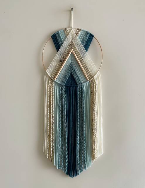 Blue Teal & Beige Beaded Yarn Hoop Wall Hanging/Macrame Nursery Dorm Decor Modern Boho - image 1