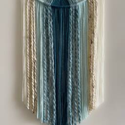Blue Teal & Beige Beaded Yarn Hoop Wall Hanging/Macrame Nursery Dorm Decor Modern Boho - thumbnail 3