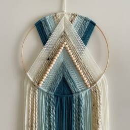 Blue Teal & Beige Beaded Yarn Hoop Wall Hanging/Macrame Nursery Dorm Decor Modern Boho - thumbnail 2