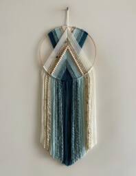 Blue Teal & Beige Beaded Yarn Hoop Wall Hanging/Macrame Nursery Dorm Decor Modern Boho
