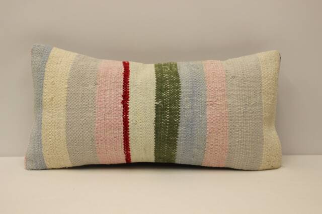 Handmade Wool Lumbar Pillow, Vintage Turkish Kilim Cushion - 10x20 In - image 1