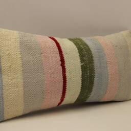 Handmade Wool Lumbar Pillow, Vintage Turkish Kilim Cushion - 10x20 In - thumbnail 2