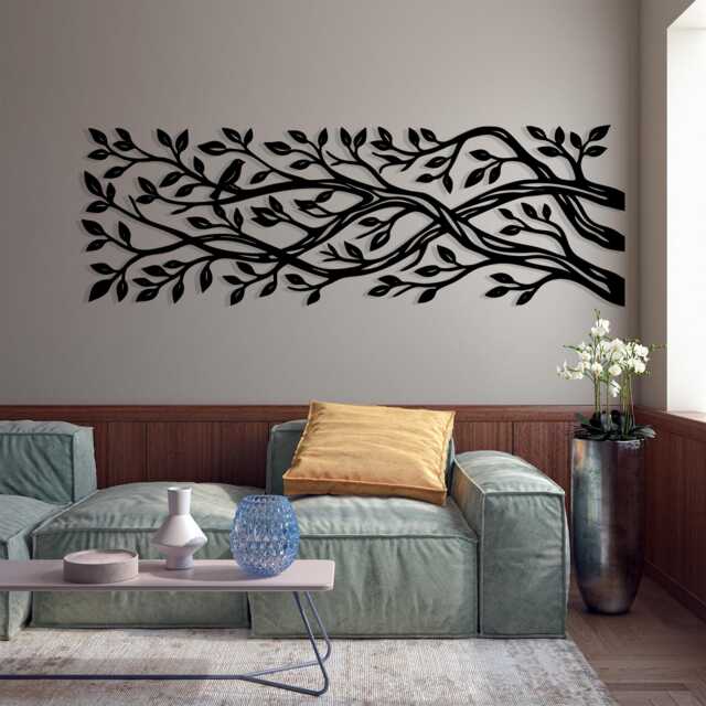 Metal Tree Branch Wall Art, Large Horizontal Bird Sign, Panoramic Nature Decor - image 1