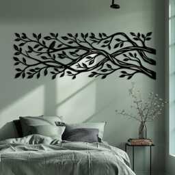 Metal Tree Branch Wall Art, Large Horizontal Bird Sign, Panoramic Nature Decor - thumbnail 2