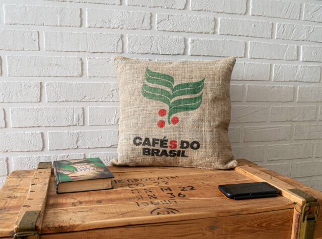 Upcycled Burlap Pillow Brazilian Coffee Sack Cushion, Sustainable Decor - image 1