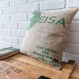 Upcycled Burlap Pillow Brazilian Coffee Sack Cushion, Sustainable Decor - thumbnail 2