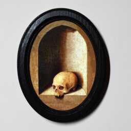 Halloween Black Oval Wooden Framed Picture, 3 X 4 Gothic Print, Witchy Wall Hanging, Skull On Shelf - thumbnail 1