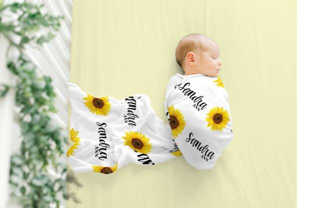 Sunflower Swaddle, Personalized Baby Name Blanket, Gift, Custom Coming Home, Hospital Shower Gift, Mom Gift - image 1