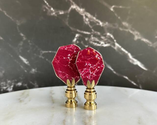 Gilded Oxblood Sea Sediment Jasper Lamp Finials On Shiny Brass Bases - A Matching Pair - image 1