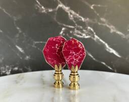 Gilded Oxblood Sea Sediment Jasper Lamp Finials On Shiny Brass Bases - A Matching Pair - thumbnail 1