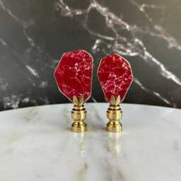 Gilded Oxblood Sea Sediment Jasper Lamp Finials On Shiny Brass Bases - A Matching Pair - thumbnail 3