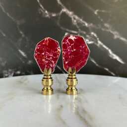 Gilded Oxblood Sea Sediment Jasper Lamp Finials On Shiny Brass Bases - A Matching Pair - thumbnail 2